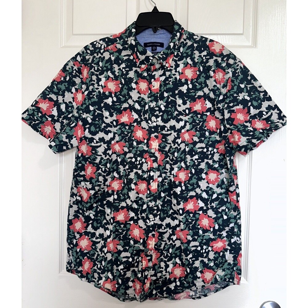 Tommy Hilfiger XL Floral Short Sleeve Cotton Button-Up Shirt